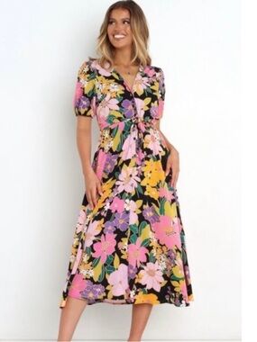 Petal & Pup "Jeanne" Vibrant Floral Button Down V-Neck Midi Dress
